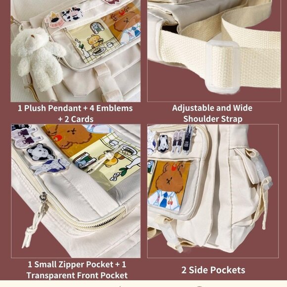 Kawaii White Japanese Ita Bag Messenger Crossbody with Pins for Women & Men - Picture 7 of 8